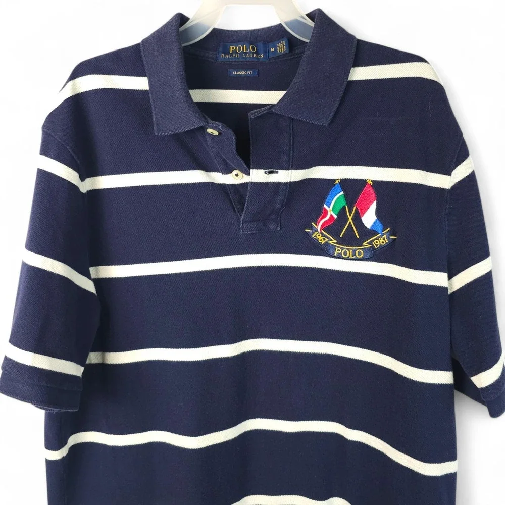 Polo Ralph Lauren Shirt Mens Medium Cross Flags Classic Fit Navy Blue Striped